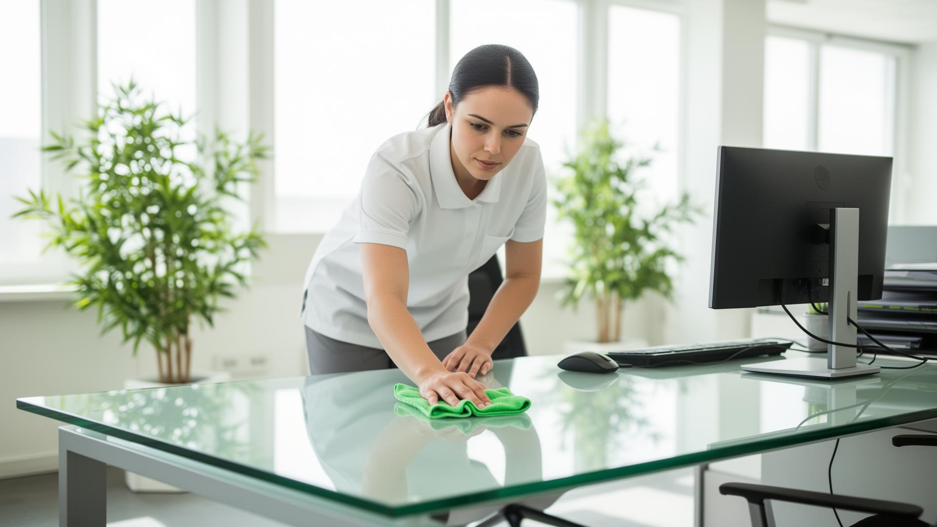 Professional Corevera cleaner sanitising a modern office desk